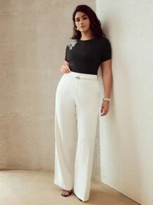 MOTF PREMIUM 大码仿珍珠细节短袖T恤 - 黑色 - 查看 5