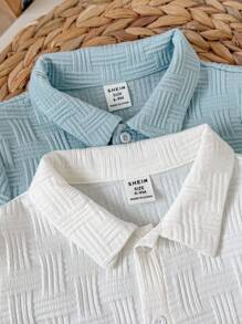 4pcs Baby Boy Set: Solid Color Lapel Short Sleeve Shirt And Elastic Waist Shorts - Blue and White - View 4