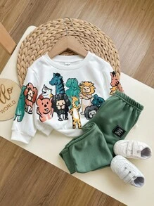 2 件套婴儿男孩/女孩休闲日常柔软可爱蜡笔动物印花圆领运动衫和松紧腰裤套装，适合外出、日常聚会、秋冬季 - 白色 - 查看 6