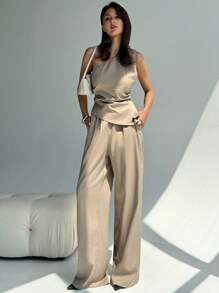 Aloruh 无袖斜领侧褶通勤时尚女衬衫+高腰阔腿宽松裤套装 - 卡其色 - 查看 5