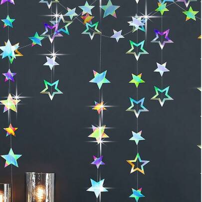 3.7 米 12.1 英尺闪光纸横幅生日派对装饰第一个 1 岁生日银星花环成人婚礼婴儿洗礼毕业新年装饰派对装饰挂饰闪光激光切割星形镂空星星可立即用于生日婚礼节日用品