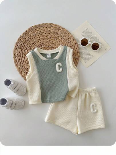 Baby Boy Letter Seal Contrast Color Knitted Soft Round Neck Wide Strap Pullover Top Elastic Waist Shorts Two-Piece Set