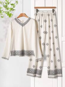 Rusticease Women's Geometric Print V-Neck Long Sleeve Shirt And Wide Leg Pants Casual 2 Pieces Set Matching Women Sets Women Pajama Sets Pant Sets Women 2 Pieces Pant Set Women Women Lounge Sets FALL Two Pieces Pant Set Women Women Matching Sets Pajama Set Blouse And Pants Set School Clothes Business Casual Woman Women Clothes Business Casual Woman Work/Office - Multicolor - View 1