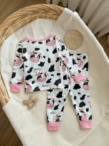 2pcs Baby Girl Snug Fit Cute Cow Print Colorblock Round Neck Long Sleeve Pajama Set, Soft & Comfortable For Autumn/Winter