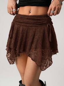 SHEIN ICON 性感低腰褶饰腰带蕾丝不对称下摆半身裙 - 棕色 - 查看 4