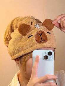 1 Pc Cute Cartoon Capybara Plush Dry Hair Cap Good Absorbent Quick Dry Coral Velvet Shower Cap For Women Kids Kawaii Girl Hair Towel Home Bathroom Decor Summer Back To School - Multicolor - View 16