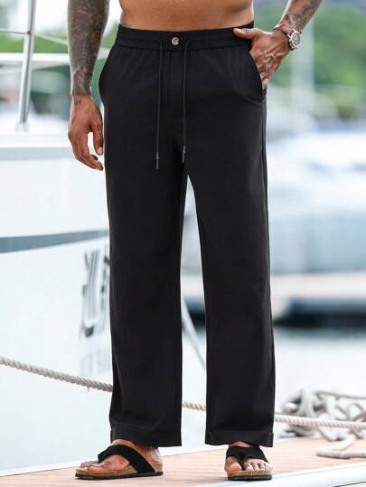 Manfinity Homme Men's Solid Color Drawstring Waist Pockets Wide Leg Loose Casual Pants Men Drawstring Pants