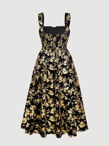 SHEIN MOD 大码复古黑色天鹅绒烫花长裙、派对礼服、闪亮面料、女士夏/秋装连衣裙、生日礼服、优雅派对礼服、女士生日礼服、派对、万圣节服装