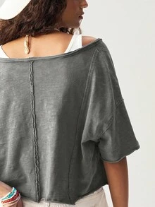 Bohemela Women's Casual Solid Color V-Neck Short Sleeve Loose T-Shirt Grey Crop Top Oversized Crop Top Baggy Crop Top Oversized Cropped T Shirt