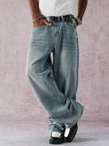 Manfinity EMRG 复古水洗蓝色直筒牛仔裤，带水钻星星装饰，春夏 - 藍色 - 查看 3