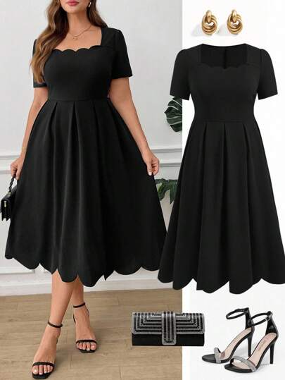 Ellevyn Plus Size Elegant Women Dress With Square Neck And Shell Trim, Solid Color Plus Size Black Elegant Dress Black Elegant Midi Dress Scalloped Black Dress Short Sleeve Black Dress Plus Size Black Dress,Fall Clothes For Women,Wedding Party Dress