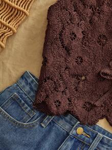 Travachic Áo khoác ngắn dệt kim màu nâu dáng suông với chi tiết viền lượn sóng và cổ chữ V dành cho nữ mùa thu đông, áo móc len nữ, áo ren nữ, áo ren màu nâu, áo phong cách Boho nữ, áo móc len màu nâu, phong cách kỳ nghỉ nhiệt đới, Bohemian, Ibiza, phong cách miền Tây. - màu nâu - Xem 5