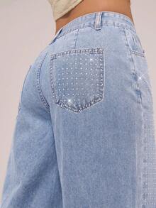 SHEIN Forever 21 复古水洗散钻细节直筒牛仔裤春季中腰牛仔裤节日夏季下装水钻牛仔裤 - 淺藍色 - 查看 9