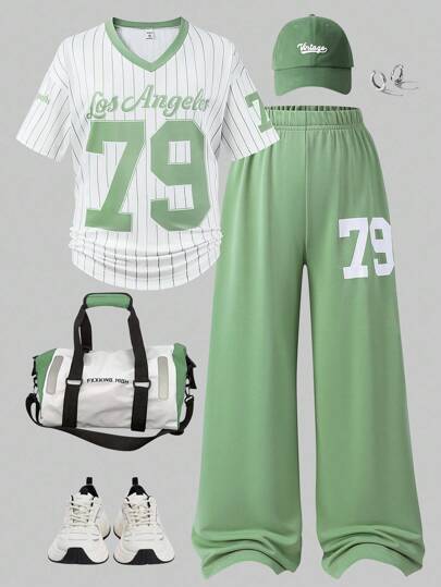 Sparklyn 2pcs/Set Girls' Casual Fashion Street Style Numeric & English Striped Pattern V-Neck Loose Tee And Wide Leg Pants Sports Suit, Daily Wear