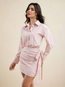 Mathilde Lhomme Vestido casual de mujer con falda acuchillada de cintura con cordón y camisa a rayas de mezcla de algodón - Rosa - Ver 4