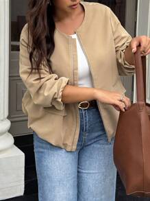 SHEIN LUNE Áo khoác trơn màu thường ngày cỡ lớn - Màu Khaki - Xem 5