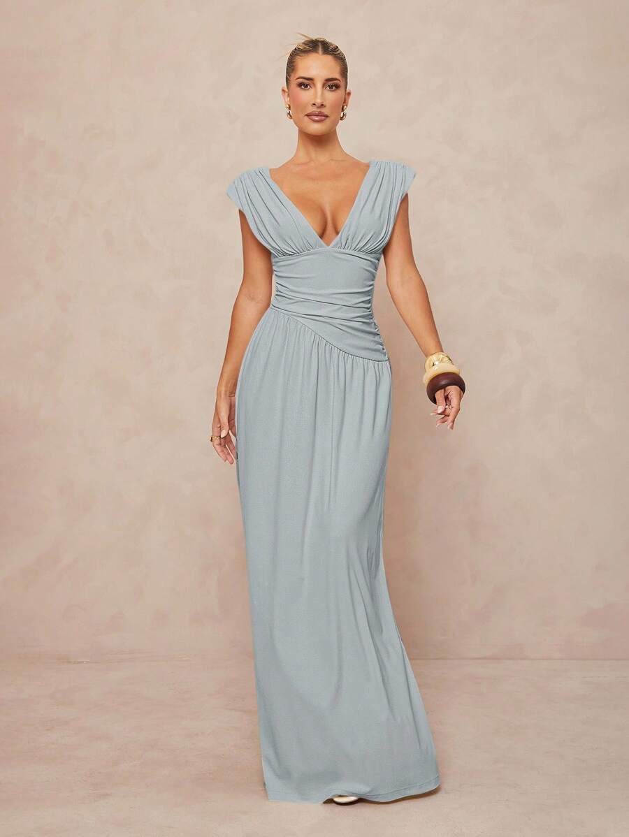 Lumalex Váy xếp ly màu trơn thanh lịch gợi cảm dành cho nữ - Màu xanh lam - Xem 1