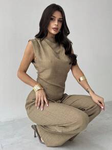 Firerie 女式两件套卡其色简约优雅休闲通勤办公室服装：无袖不对称褶皱腰衬衫 + 常规褶皱阔腿裤、亚麻通勤套装、沙滩装、机场装、度假装、教师装