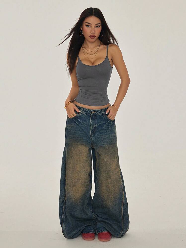 SHEIN PETITE Dark Grey Spaghetti Strap Knit Cami Top With Backless Casual Style,Sexy Top Y2k Clothes Women Tops Backless Tops Low Back Top Low Rise Jeans Y2k Jeans Top Y2k Top - Dark Grey - View 6