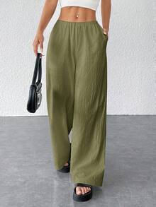 SHEIN PETITE 女士纹理简约宽松阔腿裤 - 軍綠色 - 查看 5