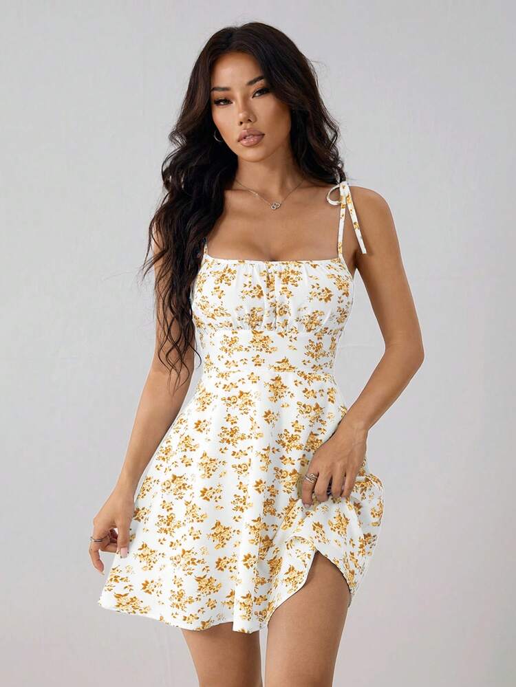 SHEIN PETITE Váy mini dây bèo nhún hoa nhỏ xinh dành cho nữ, phong cách nghỉ dưỡng - Màu vàng - Xem 7
