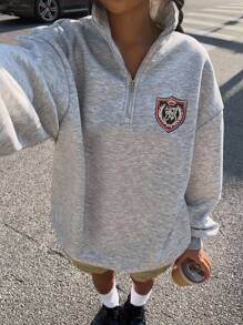 SHEIN Attitoon Sudadera con capucha de forro polar de cuello alto con media cremallera, ajuste holgado, con bordado de escudo minimalista casual, adecuada para otoño/invierno, vuelta al colegio, estilo universitario, uniforme escolar - Gris - Ver 8