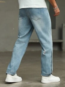 Manfinity Homme Light Wash Straight Leg Patchwork Zipper Denim Jeans, Casual Street Style, Spring/Summer - Blue - View 2