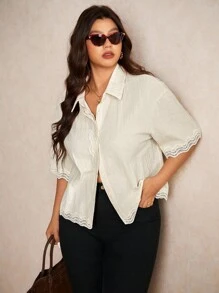 Elaquor 大码休闲蕾丝拼布长袖开衫衬衫 - 杏色 - 查看 6