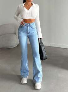 EURMUSE 98%Cotton High-Waist Original Boot Cut Jeans - Medium Wash - View 4