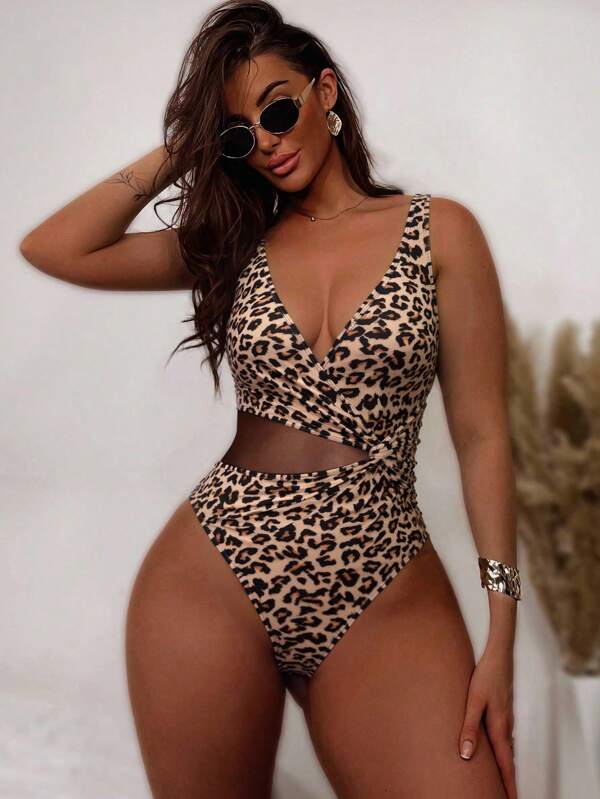 Swim SXY Costume da bagno intero da donna con controllo addominale, sexy, con stampa animale in rete e dettagli incrociati