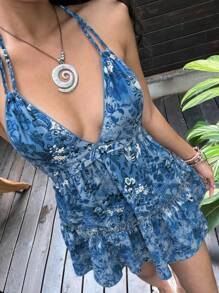 Sunnyshic Women's Casual Vacation Daily Versatile Retro Paisley Digital Print Backless Tie Bow Halter Dress, Spring/Summer - Blue - View 4