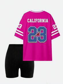 SHEIN 女士休闲时尚创意图标形状字母数字 23 印花宽松 T 恤和骑行短裤套装 - 彩色 - 查看 2