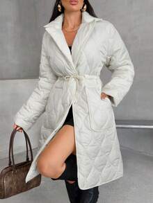 EURMUSE Women's Solid Waist Drawstring Quilted Patched Pocket Loose Fit Midi Winter Coat - White - View 1