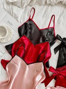 LuxeNights Bộ 3 món/Bộ trang phục phối ren lụa giả màu tương phản - Nhiều màu - Xem 3
