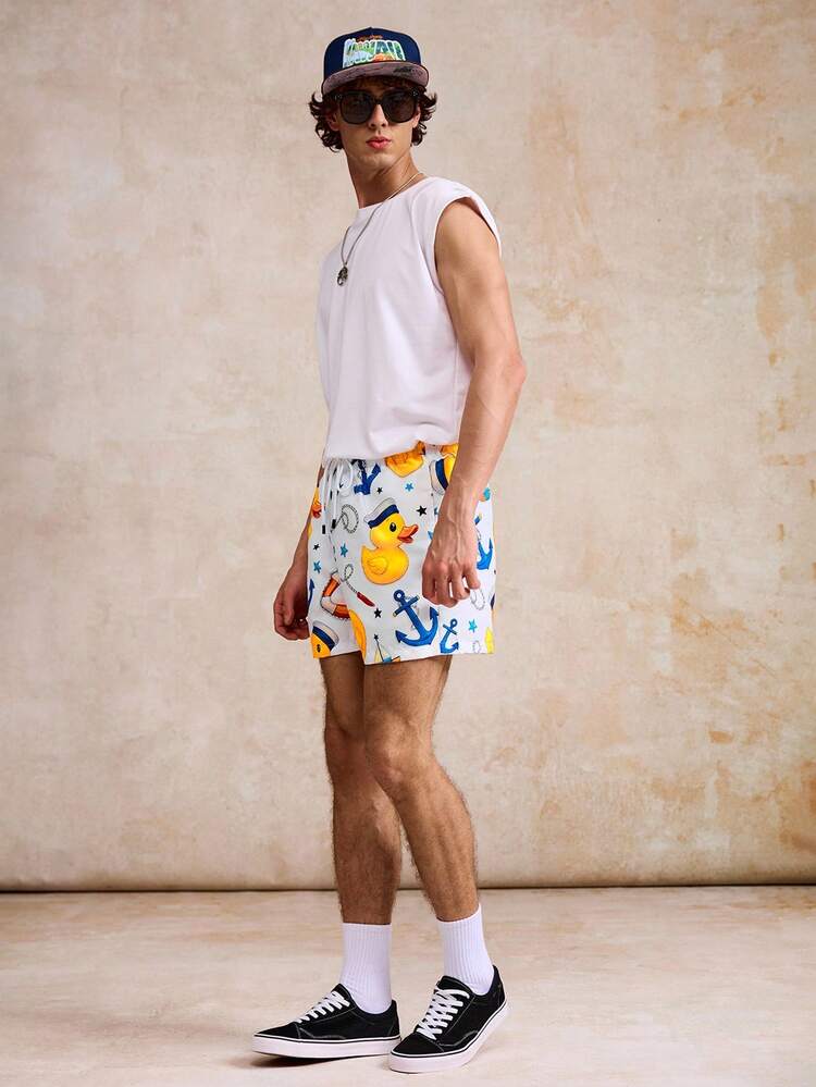 Surfspeed Herrshorts med tryck och ankarmönster, casual passform, mångsidiga strand-/sportshorts för sommaren - Vitt - Visa 2