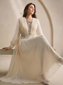 Anewsta 女士时尚新款性感镂空修身长袖水钻亮片优雅派对连衣裙 - 杏色 - 查看 4