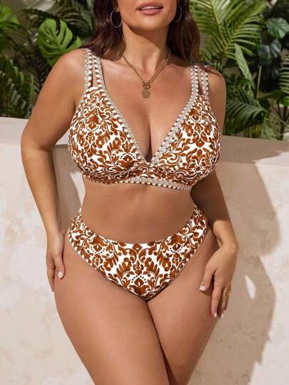 Swim Lushoire Plus Size Women 2pcs Sexy Fashion Adjustable Thick Strap High Waist Triangle Bikini Set Set, Suitable For Holiday & Daily Wear For Summer Beach Vacation