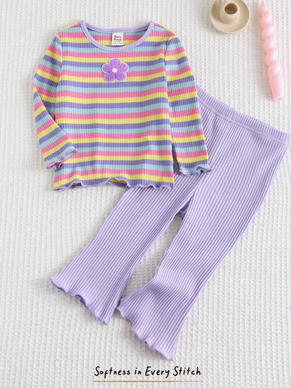 Cozy Pixies 2pcs Baby Girl Colorful Striped Floral Print Crew Neck Long Sleeve Top And Elastic Waist Pants Set, Suitable For Home, Casual, Outdoor, Travel Occasions, Spring/Autumn