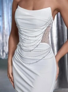 Glamrae Elegante Top Estilo Vintage Branca com Decoração de Pérolas Pregueadas, Amarração Ajustável nas Costas, Saia de Bainha de Sereia com Bordado de Pérolas Luxuoso, Adequado para Várias Ocasiões Formais como Casamentos (Bordado Pesado) - Bege - Visão 9