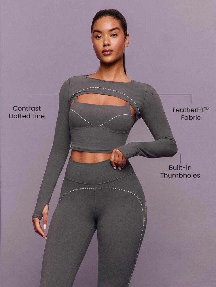 FeatherFit™ All Day Glow Soft Stretchy Sweat-Wicking Contrasting Dotted Line Thumbhole Long-Sleeve Bolero Shrug Low-Impact Yoga Pilates Studio Gym Daily Active