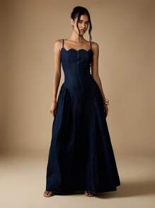 MISSGUIDED 无肩带长款牛仔连衣裙，甜心领口修身喇叭裙，优雅公主舞会礼服，秋冬婚礼宾客特殊场合个性连衣裙 - 藏蓝色 - 查看 5