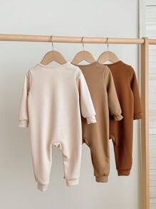 男宝宝舒适纯色圆领长袖前拉链柔软睡衣连体衣