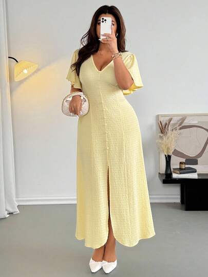 Firerie Plus Size Women Casual Elegant V-Neck Ruffle Sleeve Split Hem Elastic Waist Dress, Suitable For Spring/Summer Holiday,Fall Clothes For Women