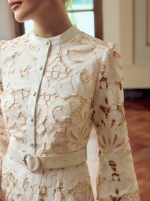 ZEYLAH 女式立领灯笼袖优雅3D花卉刺绣连衣裙