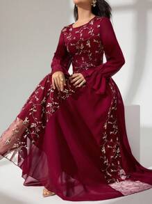 Modelyn Váy xòe tay dài bằng vải chiffon thêu lưới chắp vá dành cho nữ - Màu Đỏ Sâu - Xem 2