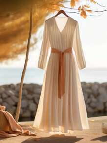 Franclia Women's Apricot Elegant V-Neck Long Sleeve Dress, Fashion Summer Vacation Outfit All White Clothes For University Fall Cloth For Women - Apricot - View 1