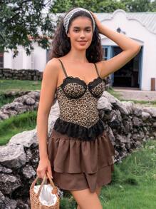 SHEIN 1pc Women's Lace Patchwork Leopard Print Underwire Sexy Bra Leopard Corset Top Cheetah Print Corset Corset Dress For Women Leopard Print Top Lace Corset Top - Multicolor - View 5