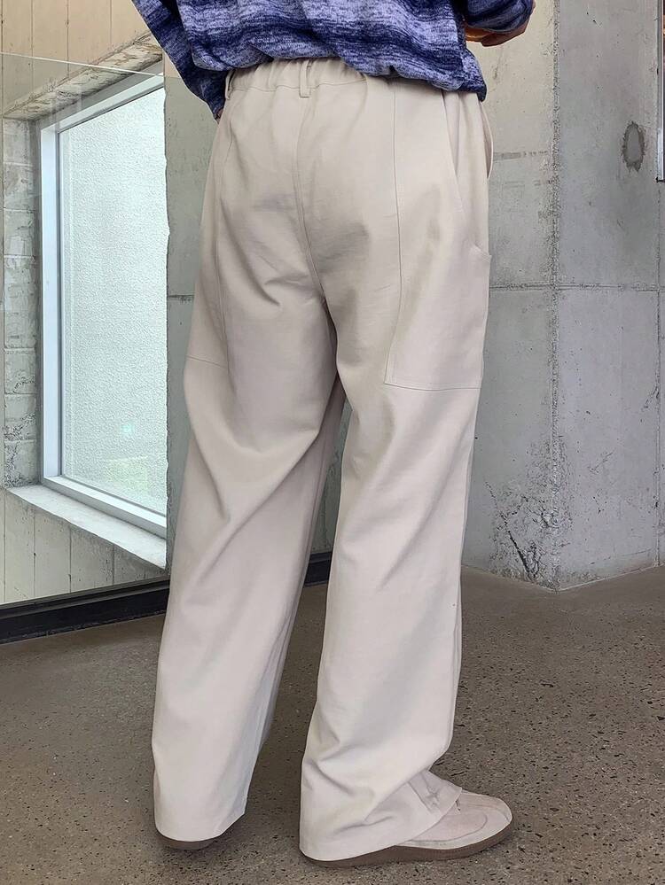 Men's Solid Color Khaki Elastic Waist Casual Pants, Suitable For All Seasons