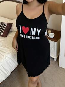 Napfluff CURVE Napfluff CURVE Plus Size Solid Color Knit Camisole Nightgown With Heart & Letter Print, Fitted Women Nightdress Short Nightgown Cute Nightgown Sleep Dress - Black - View 2