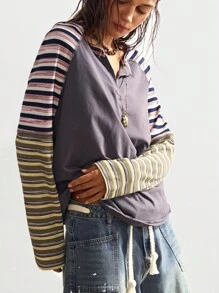 Bohemela 秋冬波西米亚风休闲针织拼布条纹V领长袖宽松女式T恤 - 深灰色 - 查看 4